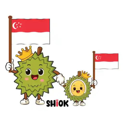 Two durian characters holding Singapore flags.