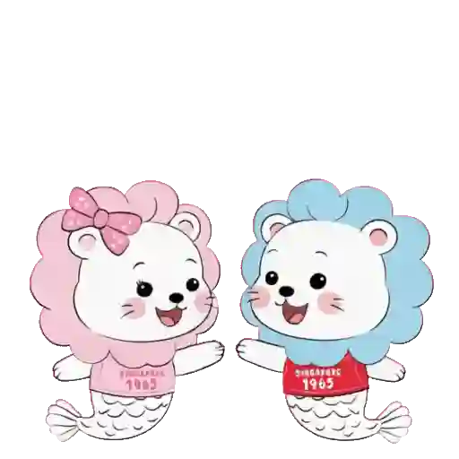 Mei-Lah and Lio beneath the words Majulah Singapura.