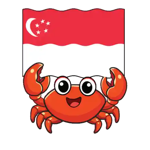 An illustrated chilli crab holding a Singapore flag.